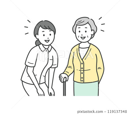 一位老年婦女和一位護士婦女看著對方並微笑著交談的上半身插圖 一位老年婦女和一位護士婦女看著對方並微笑著交談的上半身插圖 119137348