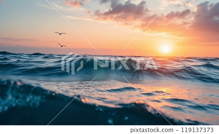 sea wave background with sunset and birds 119137373