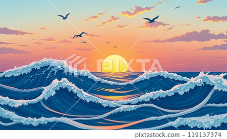 sea wave background with sunset and birds 119137374