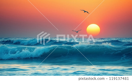 sea wave background with sunset and birds 119137481