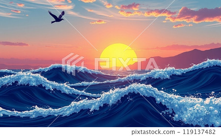 sea wave background with sunset and birds 119137482