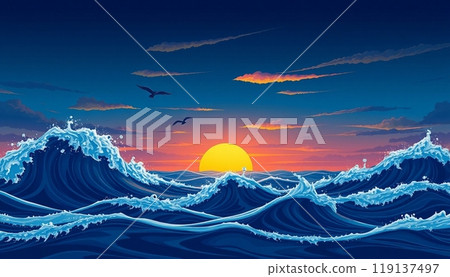 sea wave background with sunset and birds 119137497