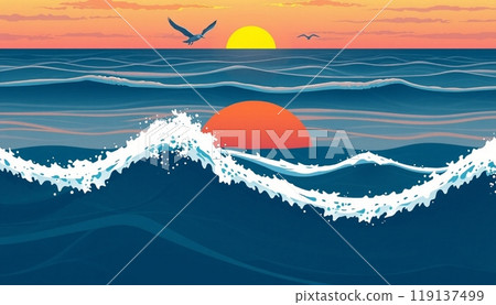 sea wave background with sunset and birds 119137499