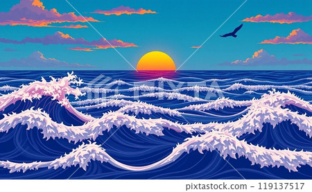 sea wave background with sunset and birds 119137517