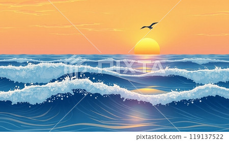sea wave background with sunset and birds 119137522
