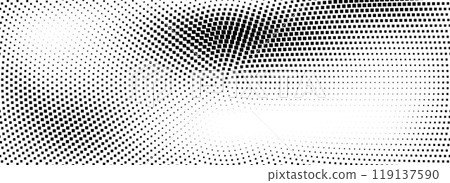 Halftone radial dotted background. Square dots comic gradient texture. Black white rough grit overlay. Concentric dirt gradation wallpaper. Grunge gritty circular pop art cartoon backdrop. Vector 119137590