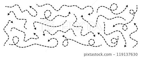 Various dotted thin arrow set. Wavy and curved dashed pointer collection. Squiggle sketchy direction lines. Dots squiggle loop stripe design elements bundle for flyer, poster, brochure. Vector Various dotted thin arrow set. Wavy and curved dashed pointer collection. Squiggle sketchy direction lines. Dots squiggle loop stripe design elements bundle for flyer, poster, brochure. Vector 119137630