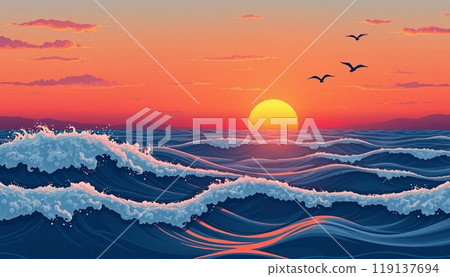 sea wave background with sunset and birds 119137694