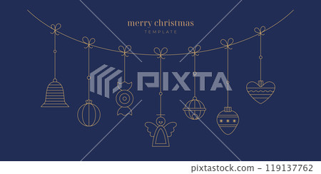 Merry Christmas, New Year vintage toy, ball, bauble, decoration for Christmas tree. Simple golden line flat vector banner, poster design. Merry Christmas, New Year vintage toy, ball, bauble, decoration for Christmas tree. Simple golden line flat vector banner, poster design. 119137762