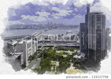 Watercolor style Kobe Port Island seen from Kobe City Hall Kobe City, Hyogo Prefecture 119137798