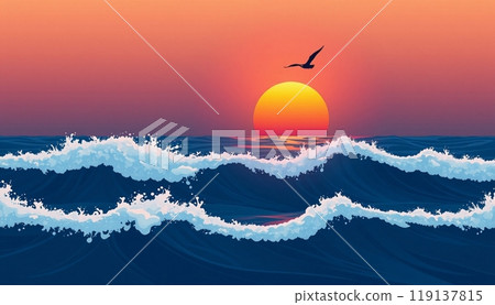 sea wave background with sunset and birds 119137815