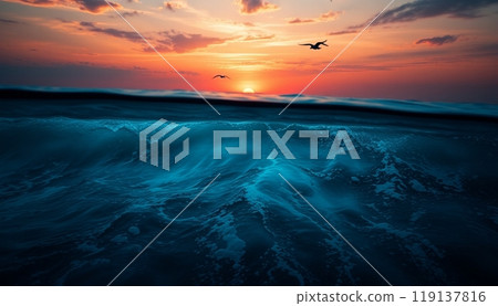 sea wave background with sunset and birds 119137816