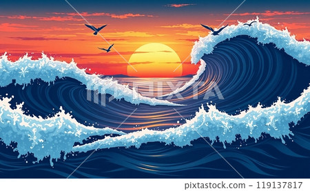 sea wave background with sunset and birds 119137817