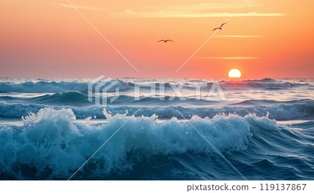 sea wave background with sunset and birds 119137867