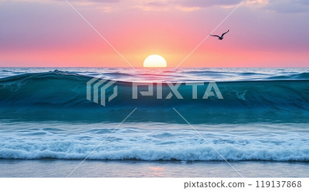 sea wave background with sunset and birds 119137868