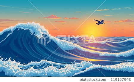 sea wave background with sunset and birds 119137948