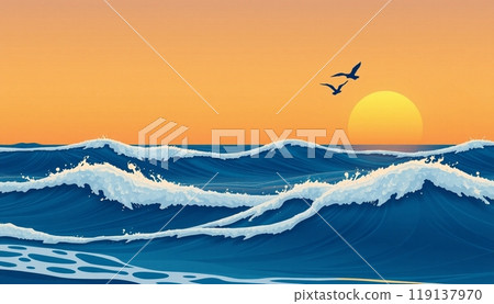 sea wave background with sunset and birds 119137970