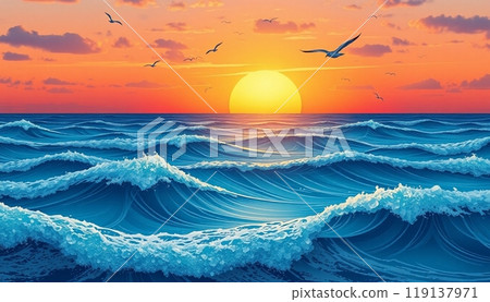 sea wave background with sunset and birds 119137971