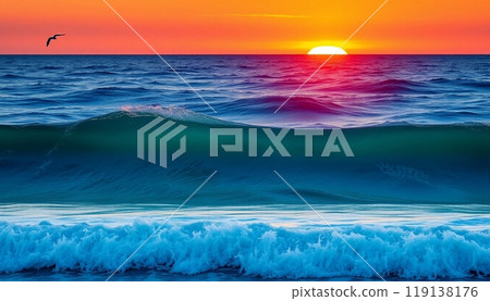 sea wave background with sunset and birds 119138176