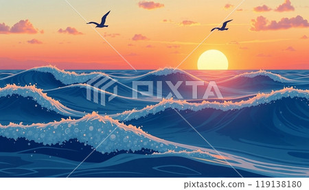 sea wave background with sunset and birds sea wave background with sunset and birds 119138180
