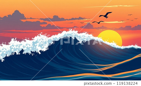 sea wave background with sunset and birds 119138224