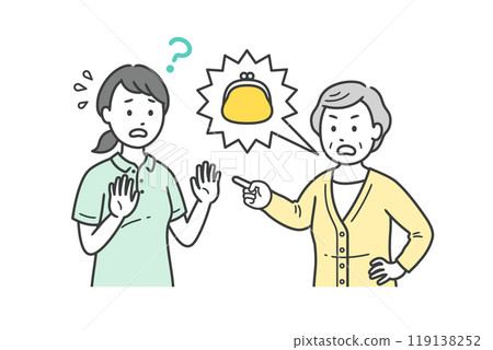 上半身插圖顯示了一位憤怒的老婦人妄想她的錢包被偷了,以及一位困惑的看護婦女 上半身插圖顯示了一位憤怒的老婦人妄想她的錢包被偷了,以及一位困惑的看護婦女 119138252