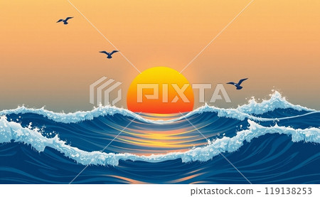 sea wave background with sunset and birds sea wave background with sunset and birds 119138253