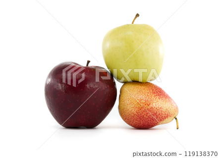 Red apple, green apple, and pear fruit trio on white background Red apple, green apple, and pear fruit trio on white background 119138370