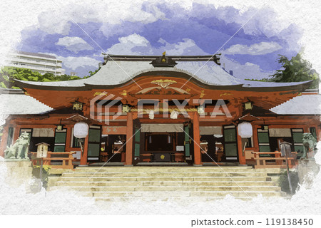 Watercolor style, Kobe, Ikuta Shrine, worship hall, Kobe City, Hyogo Prefecture 119138450