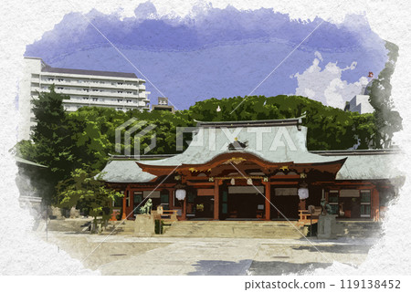 Watercolor style, Kobe, Ikuta Shrine, worship hall, Kobe City, Hyogo Prefecture 119138452