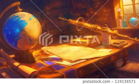 A fantastical view of a globe and a telescope in an astronomer's study A fantastical view of a globe and a telescope in an astronomer's study 119138571