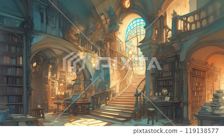 A majestic antique bookshop with a spiral staircase where light shines in - watercolor background A majestic antique bookshop with a spiral staircase where light shines in - watercolor background 119138577