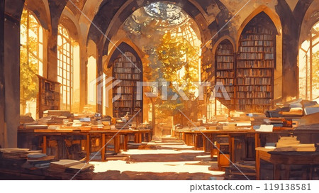 大教堂風格的安靜圖書館，金色光芒-幻想風格水彩背景 119138581