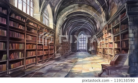 Historic stone library arch - fantasy watercolor background Historic stone library arch - fantasy watercolor background 119138590