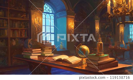 A tranquil moment surrounded by candlelight and a globe in a fantastical study 119138716