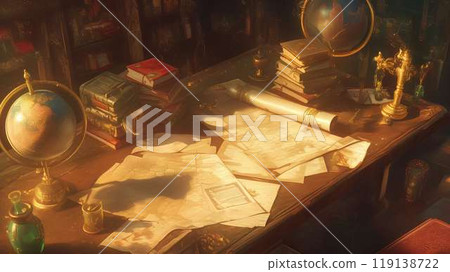 古董書房的一角擺滿了地球儀和舊地圖 古董書房的一角擺滿了地球儀和舊地圖 119138722