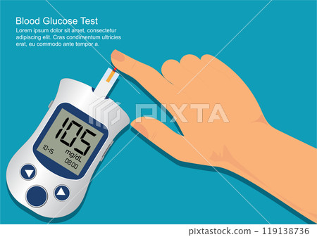 Human hand using glucometer for measuring. 119138736