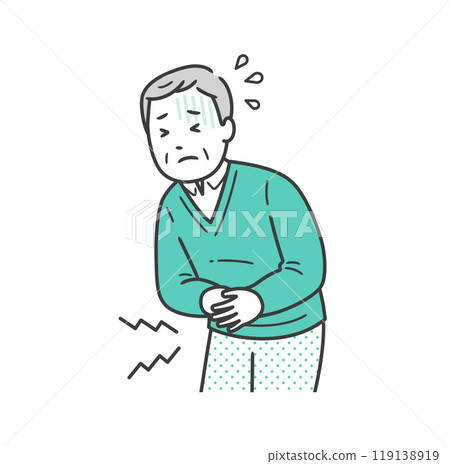 Illustration of an elderly man suffering from abdominal pain and holding his stomach 119138919