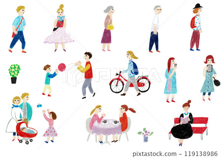 Hand-drawn illustrations of people, set of men and women of all ages 119138986