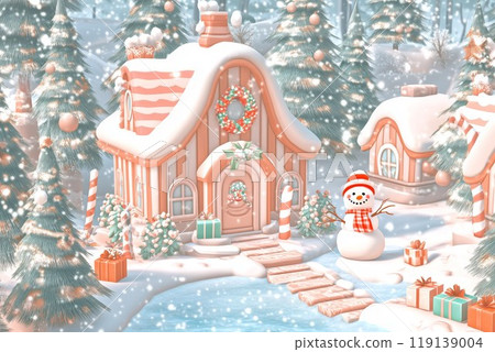 A charming gingerbread house covered in snow sits in a festive winter scene, surrounded by snow-dusted trees, presents, and a smiling snowman wearing a red scarf. A charming gingerbread house covered in snow sits in a festive winter scene, surrounded by snow-dusted trees, presents, and a smiling snowman wearing a red scarf. 119139004