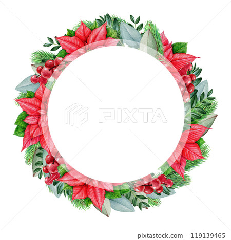 Christmas round floral frame decor. Vintage style illustration. Winter season bright decoration from pine, eucalyptus, poinsettia flower, red berries. Winter festive elegant frame isolated 119139465