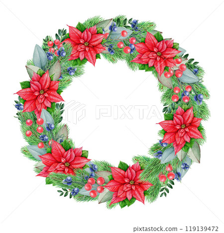 Christmas festive traditional wreath. Vintage style watercolor illustration. Winter season bright round decor from pine twig, eucalyptus, poinsettia flower, juniper berries. Isolated on background 119139472