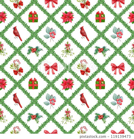 Christmas time festive decor elements seamless pattern. Hand drawn gifts, fir tree, mistletoe, birds, holly leaves. Winter season vintage style decoration seamless pattern on white background 119139473