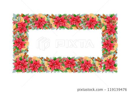 Winter season floral frame decor vintage style illustration. Hand drawn bright Christmas decoration with pine, eucalyptus, poinsettia flower, orange slices, cinnamon. Winter festive decor isolated 119139476