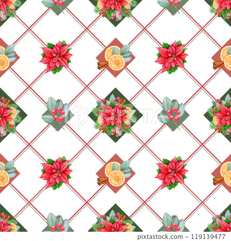 Christmas time festive seamless pattern. Watercolor vintage style illustration. Winter season hand drawn floral seamless pattern with spices, poinsettia, eucalyptus elements on white background 119139477