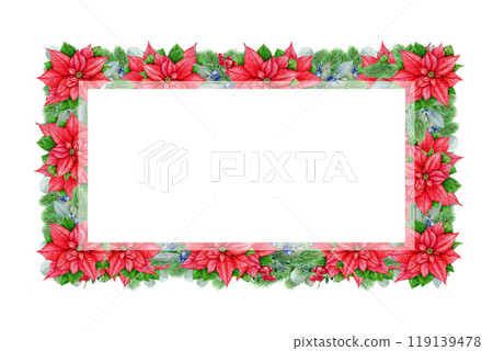 Christmas floral frame decor. Vintage style illustration. Bright winter season decoration from conifer, eucalyptus, poinsettia flower, juniper. Winter festive frame in traditional colors isolated 119139478