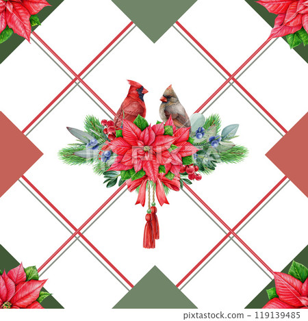 Winter season festive seamless pattern. Watercolor vintage style illustration. Hand drawn Christmas time seamless pattern design element with red cardinal birds, natural elements on white background Winter season festive seamless pattern. Watercolor vintage style illustration. Hand drawn Christmas time seamless pattern design element with red cardinal birds, natural elements on white background 119139485