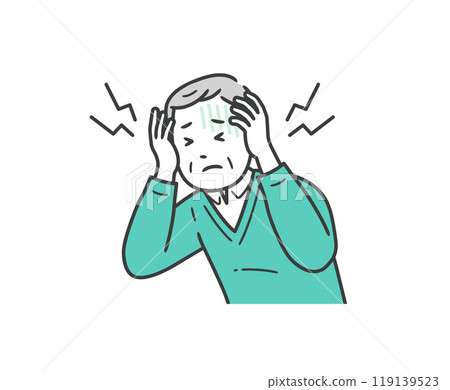Illustration of an elderly man suffering from a headache and holding his head Illustration of an elderly man suffering from a headache and holding his head 119139523