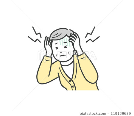 Illustration of an elderly woman suffering from a headache and holding her head Illustration of an elderly woman suffering from a headache and holding her head 119139689