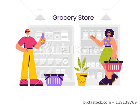 Vector Illustration of a Grocery Store Shelf Stocked with Assorted Food Items and Products for Daily Shopping Needs in a Flat style Background 119139769